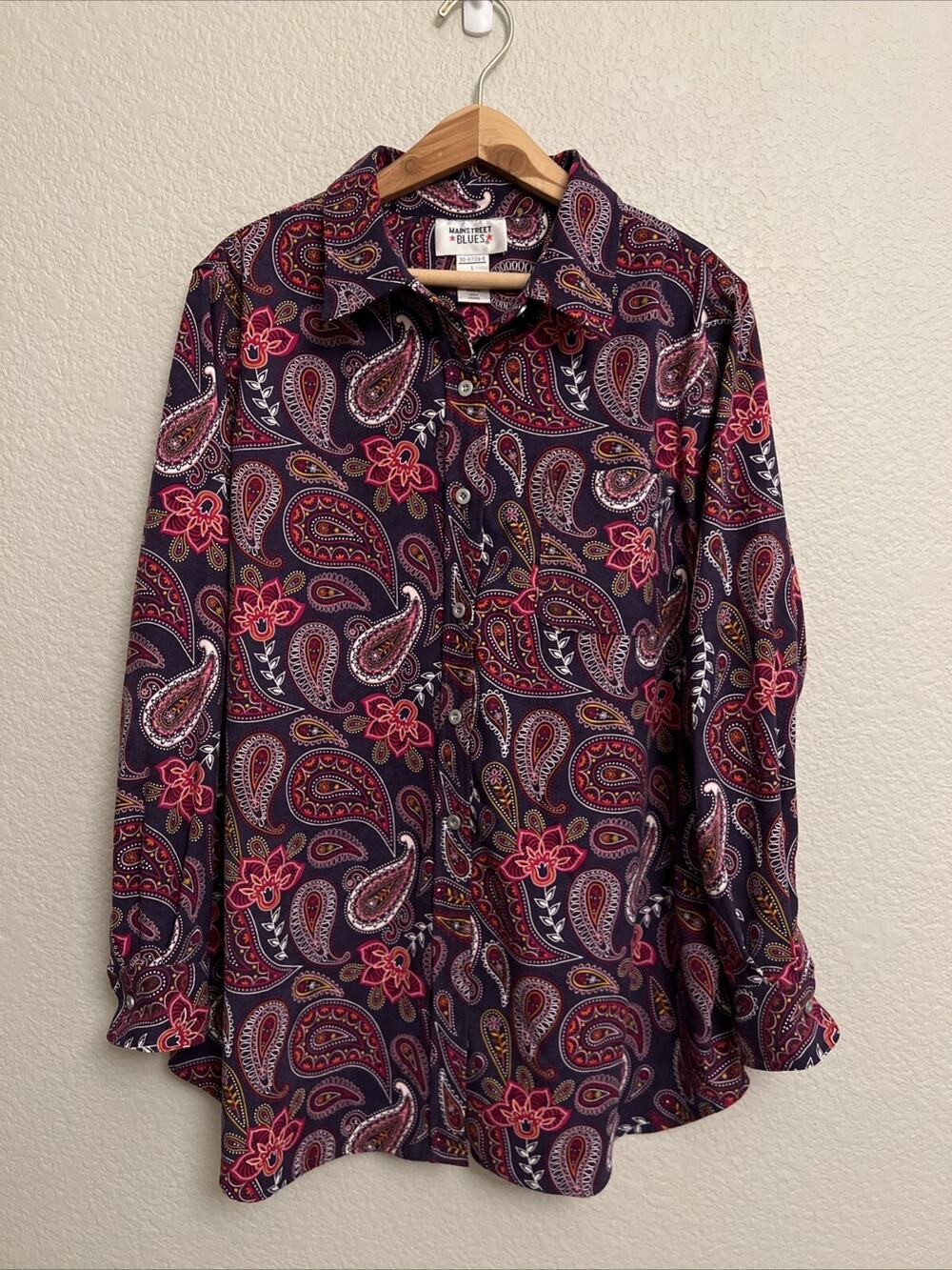NEW MainStreet Blues Top Blouse Button Down Cottage Art to Wear Colorful L